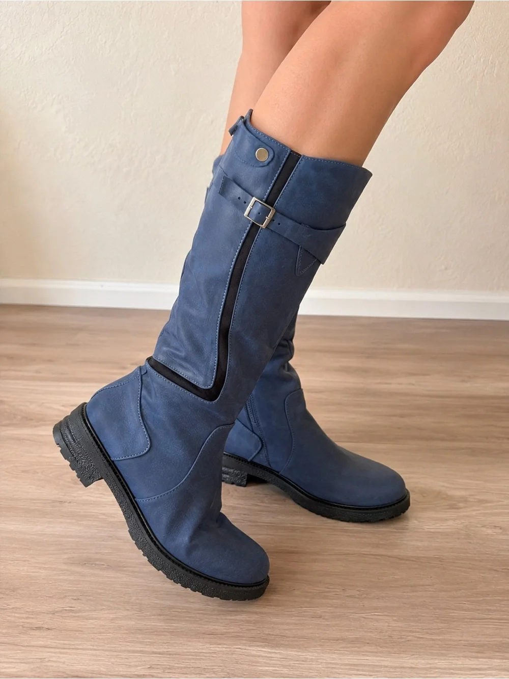 Women’s Blue Knee High Riding Boots Buckle Lug Sole